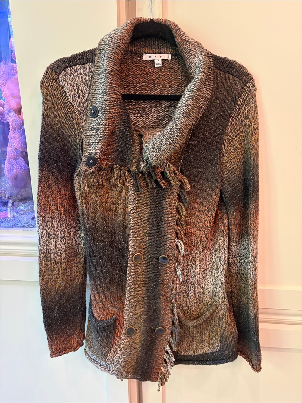 CAbi Multitone Shawl-Collar Cardigan in Brown, Green and Cream